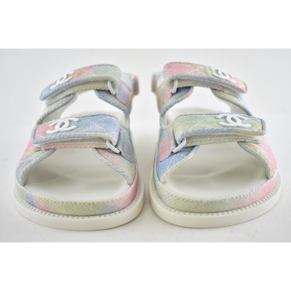 Chanel 22C Green Pink Blue White CC Logo Mule Slide Strap Flat Dad Sandal 35 - Picture 6 of 12